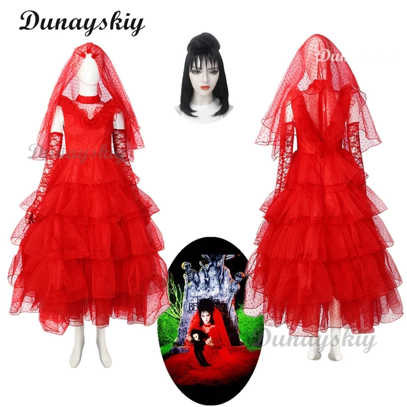 

Lydia Cosplay Movie Beetle Cos Juice Costume Adult Women Fantasy Red Wedding Dress Gloves Outfits Halloween Carnival Party Suit