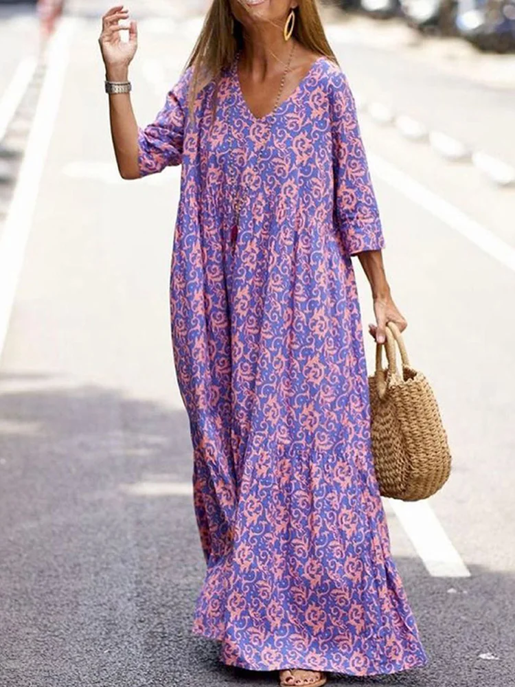 Ladies Fashion Half Sleeve Long Pullover Dress Vintage Printed Women Long Dress 2022 Spring Summer V-Neck Casual Maxi Dresses