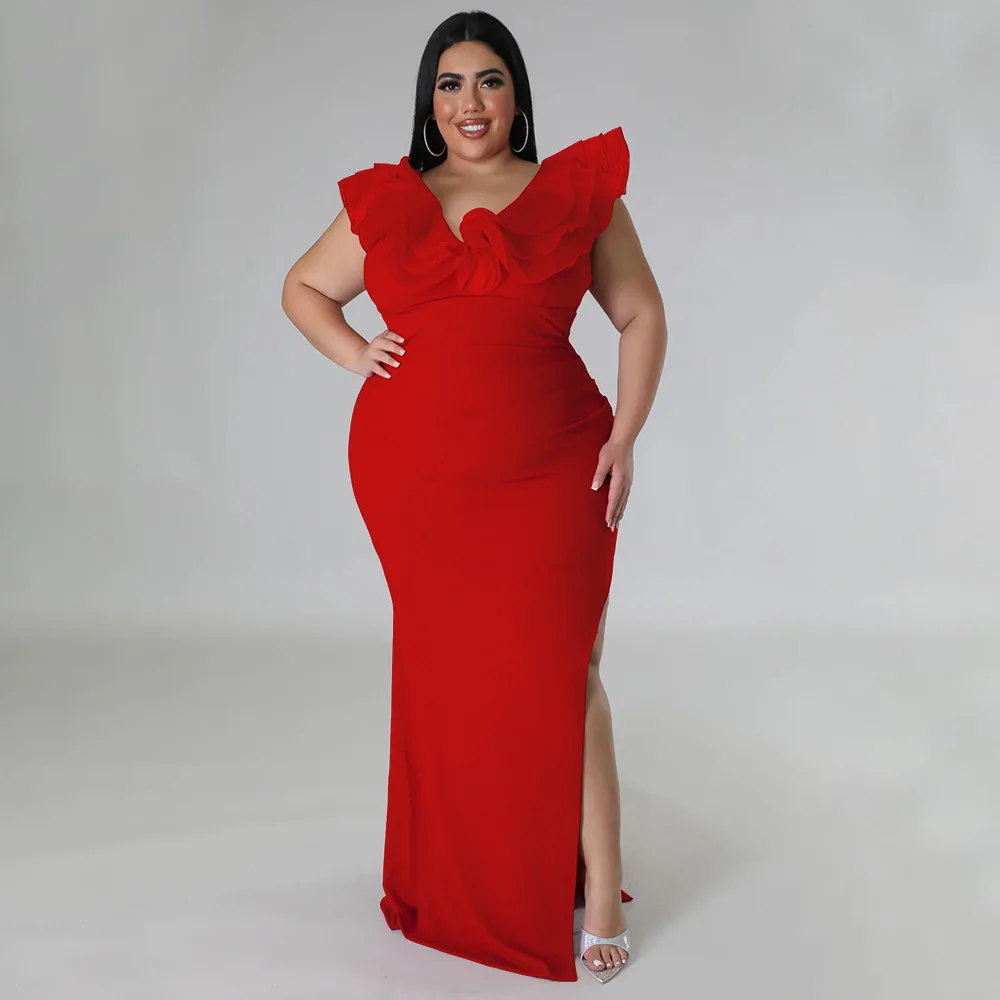 Plus Size 4xl Evening Dress Women Ruffle Mesh Sleeveless Long Party Dress Female Designer Fashion Outfit 2023 Spring Luxury Robe