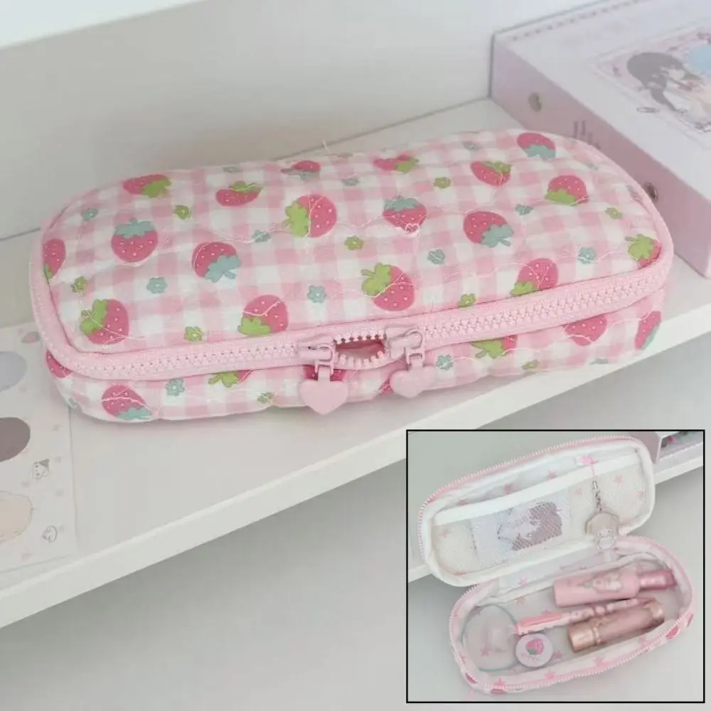 Simple Strawberry Design Pen Bag Large Capacity Portable Pencil Case Zipper Stationery Bag School Office