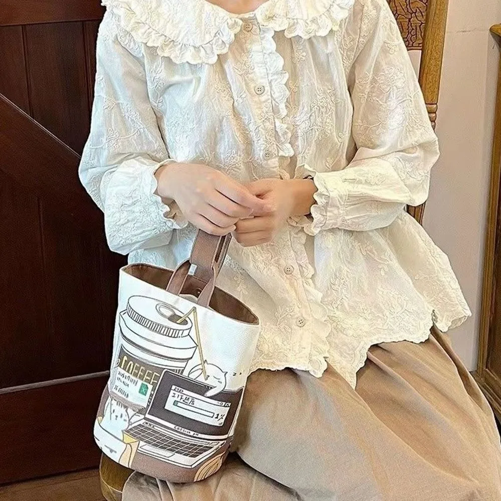 Sweet Large Capacity Cartoon Coffee Cat Bucket Bag Canvas Handbag Shopping Bags Mummy Bag Tote Bag Korean Style Lunch Bag Women