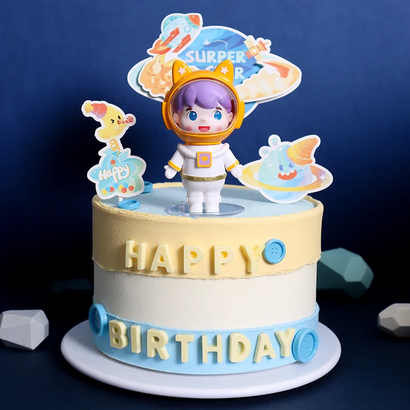 

Boy Happy Baby Birthday Cake Topper Spaceship Doll Astronaut Rocket Pentagram Cartoon Material Hot Air Balloon Plane Decoration