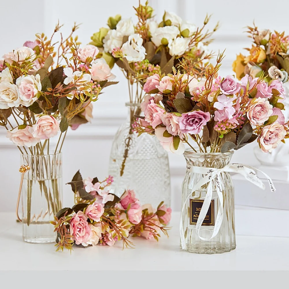 30cm Pink Rose Bouquet Wedding Artificial Flowers Retro Silk Flowers 10 Heads Peony Vintage Bride Flowers for Cemetery Wedding