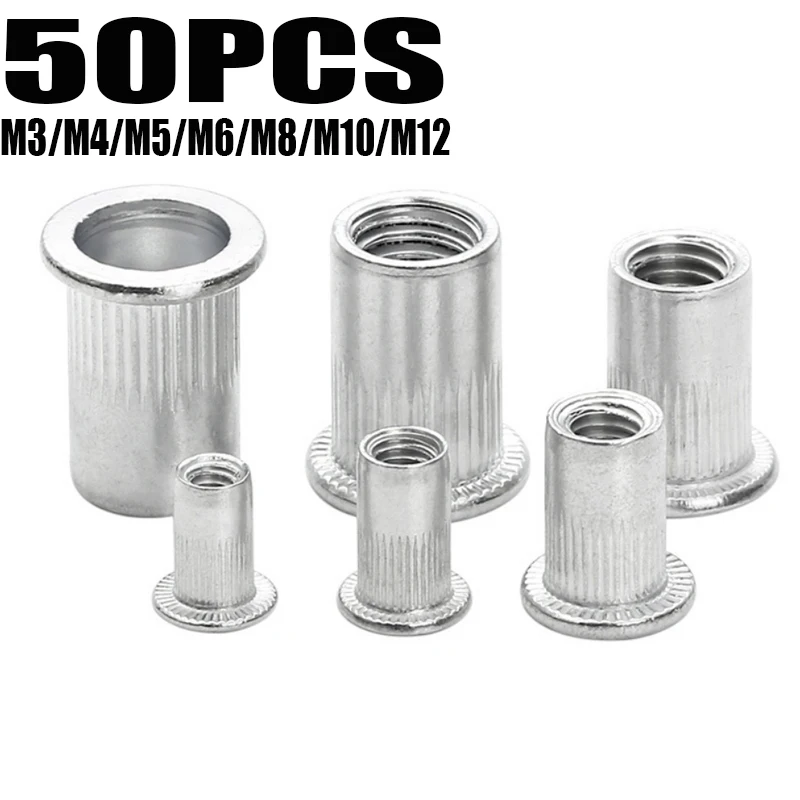 50pcs M3 M4 M5 M6 M8 M10 M12 Aluminum Alloy Rivnut Flat Head Threaded Rivet Insert Nutsert Cap Rivet Nut rivet nuts set