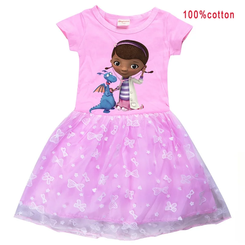 thumbnail image 1 of Disney Doc McStuffins vestidos de verano para niñas, Camiseta de algodón con malla de gasa de encaje, ropa para niños, regalo de fiesta de cumpleaños, 1 of 5