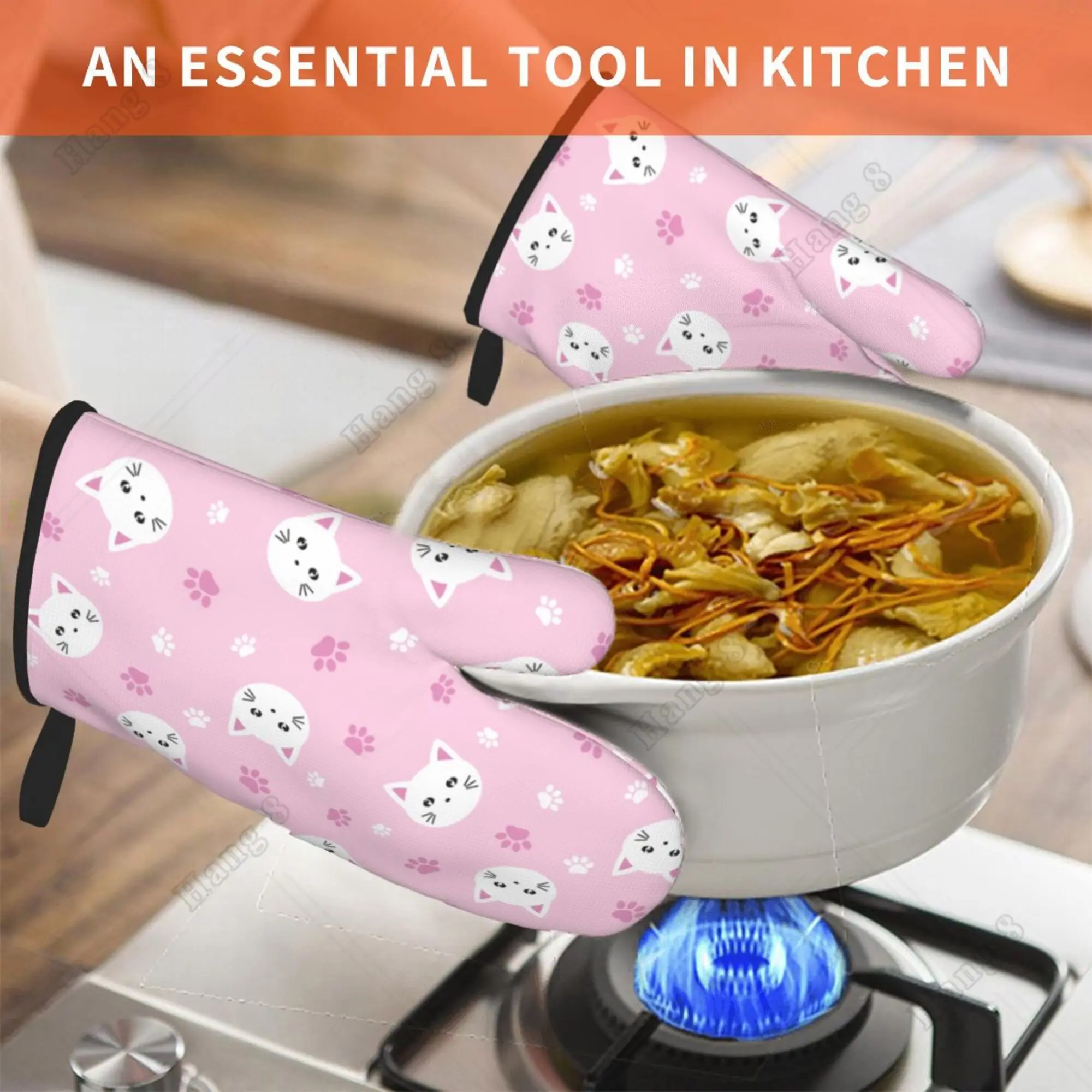 Pink Cat Cute Cartoon Oven Mitts Kitchen Gloves 2PC for Girls Women Heat Resistant Print Polyester Waterproof Cooking Baking