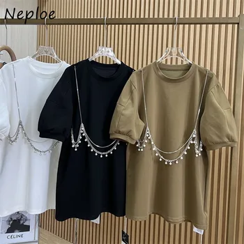 Neploe Oversize All-match O-neck Tops Women Y2k Heavy Chains Mid-length T-shirts Summer New Puff Sleeve Loose Tee Shirt 1