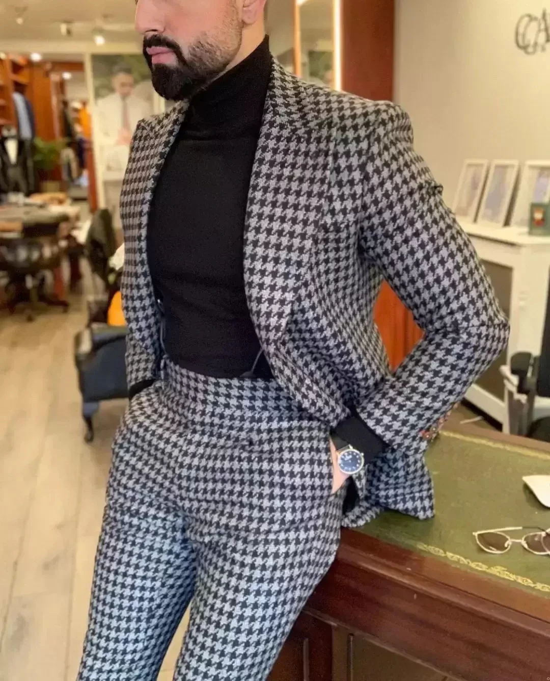 

Houndstooth Mens Suit 2 Piece Wedding Tuxedo Vintage Fit Formal Mens Suit Groom Wear Tweed Jacket Pants