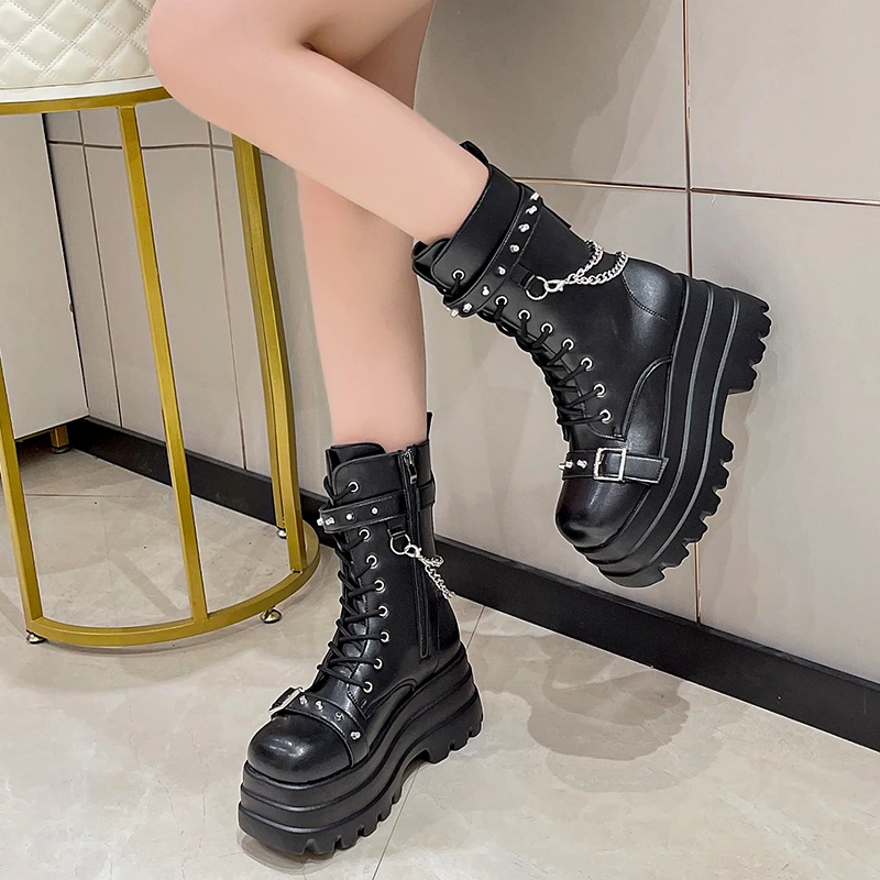 Platform Boots Lady Buckle Autumn Wedges Knee High Punk Street Cosplay Motorcycle Chain platform boots