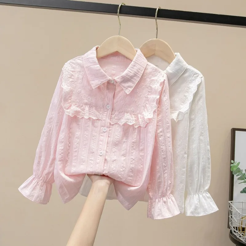 Spring Autumn Long Sleeve Kids Shirts School Girl Shirt Baby Toddler Teen Girls Lace White Blouse Tops Children Clothes kids shirts
