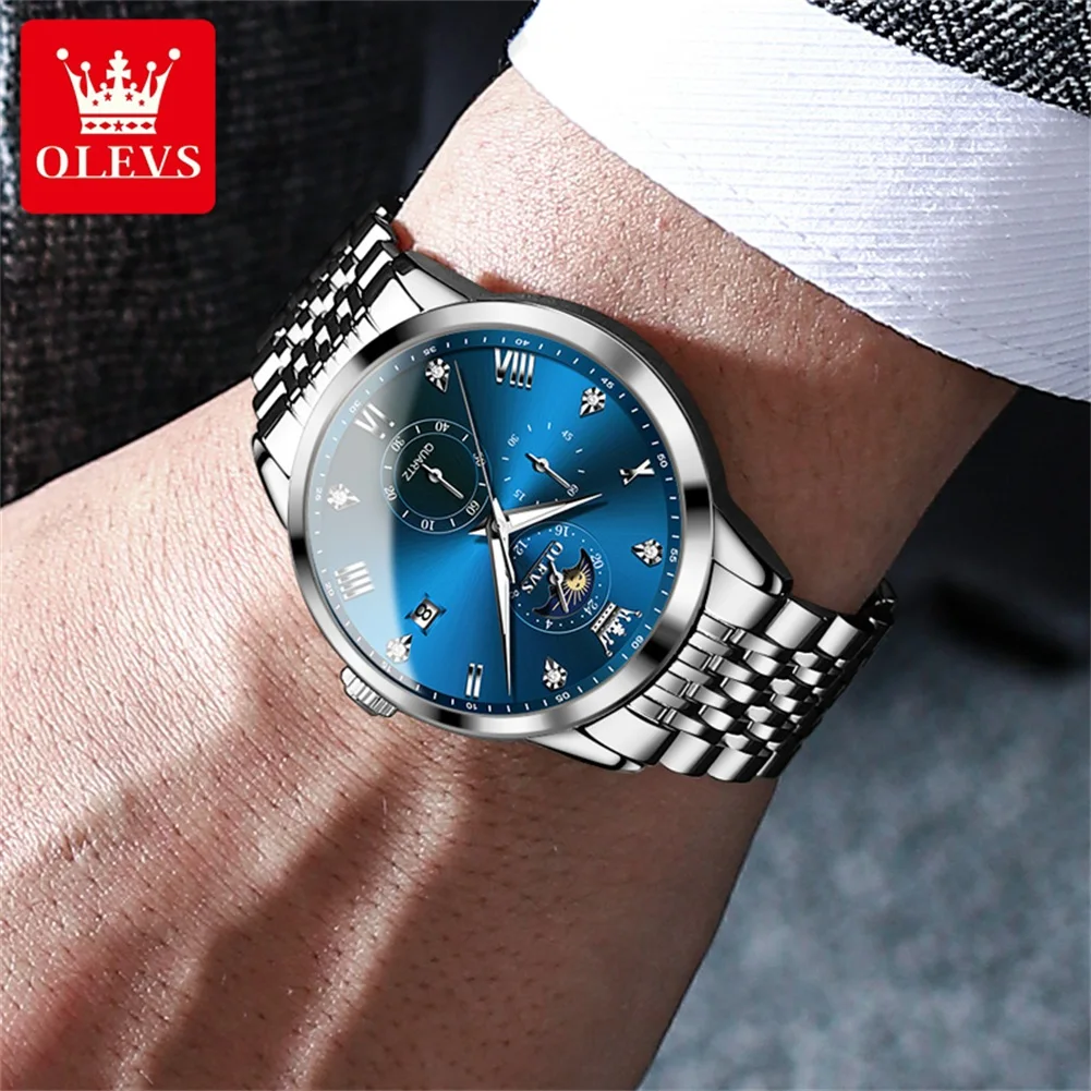 OLEVS 2925 Men's Watch Roman Scale Date Quartz Watch For Men Chronograph Moon Phase 24 Hours Display Male Wristwatch Waterproof