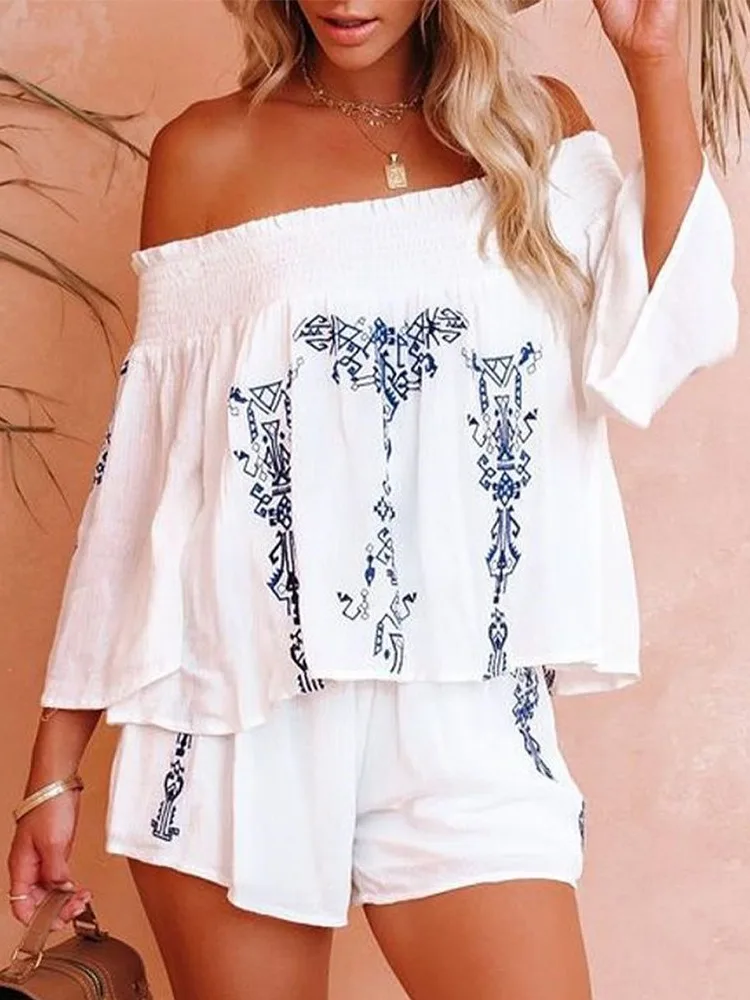 2023 Autumn Set of Two Fashion Pieces for Women Outfits Plants Print Off Shoulder Bell Sleeve Top & Shorts Set Casual Ropa Mujer