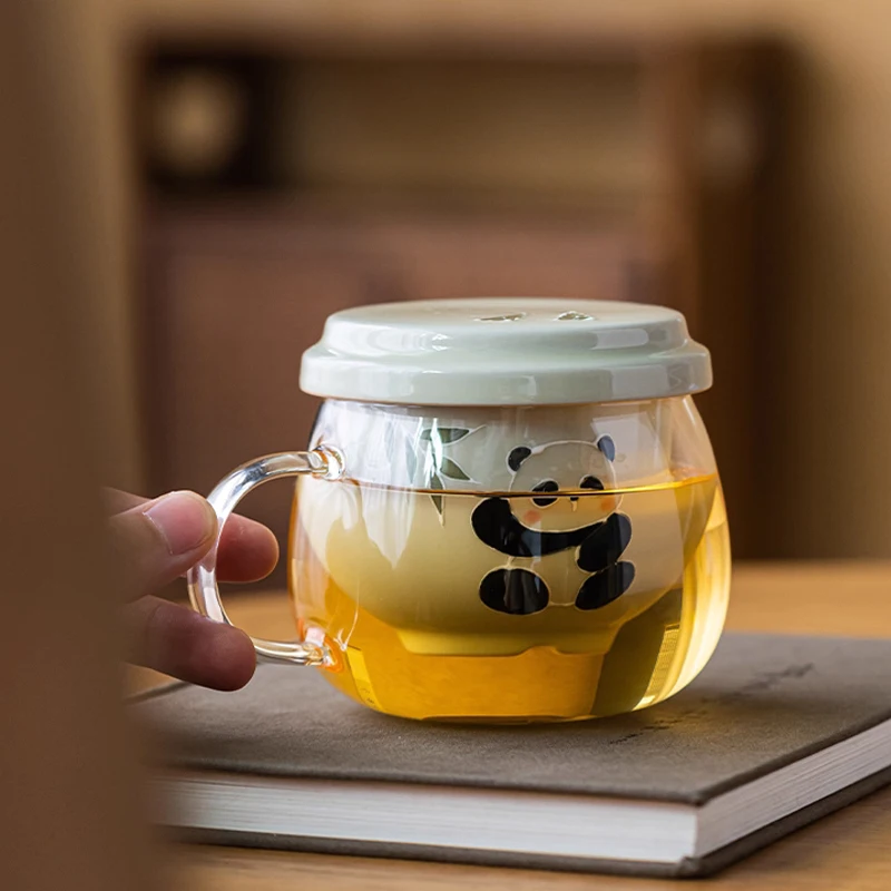 Creative Ceramic Hand Drawn Panda Pattern Cup, Home Office Items, Porcelain Filtered Tea Water Separation, Glass Mug, 350ml, 1Pc