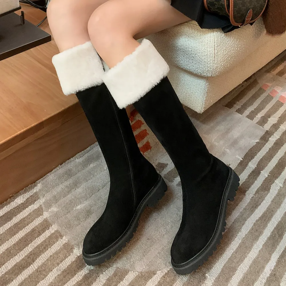 

Womens flock side zip flats winter knee high snow boots round toe casual female high quality soft comfort cold weather long boot