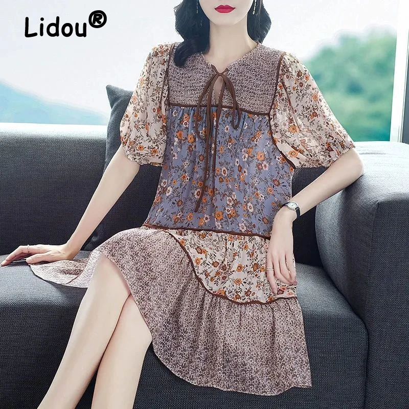 

Silk Vintage Floral Print Patchwork Lace Up Party Dresses for Women 2023 Summer Fashion Chic Sweet Short Sleeve Loose Midi Dress