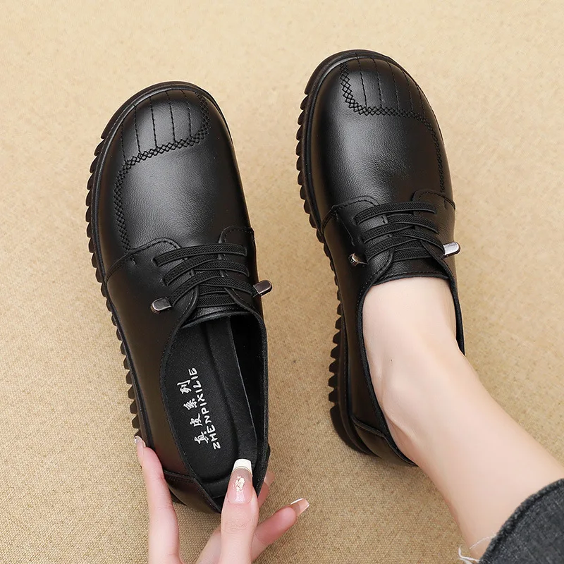 Spring Women's Black Flat Shoes Genuine Leather Loafers Slip On Casual Flats Ballet Shoes Mother Breathable Walking shoes