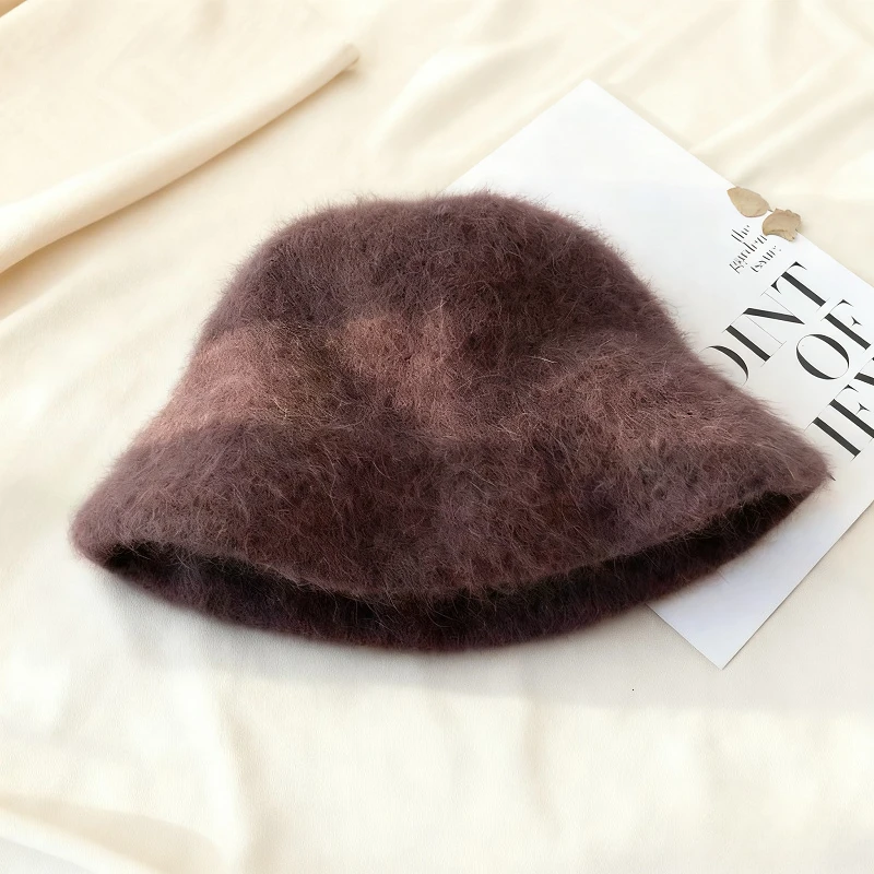 New Bucket Hat Winter Foldable Beanies Korean Good Angola Long Rabbit Fur Fisherman Fashion Soft Warm Wool Basin Cap Women 모자