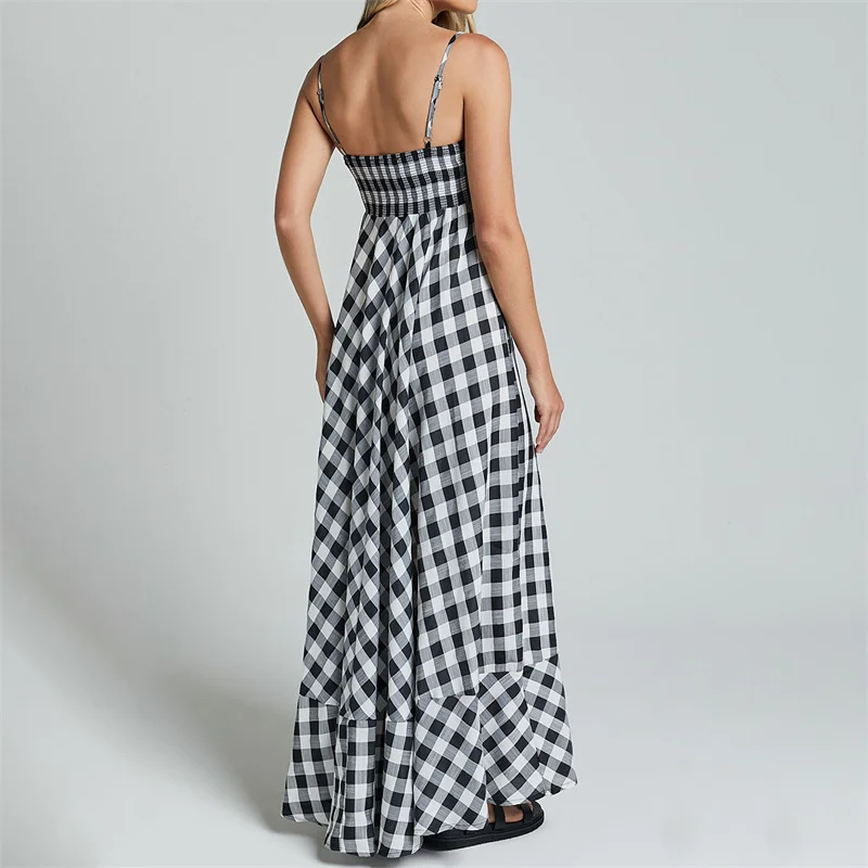 Summer Long Dresses Women Plaid Print Spaghetti Strap Sleeveless A Line Dresss Vacation Party Dresses Beachwear