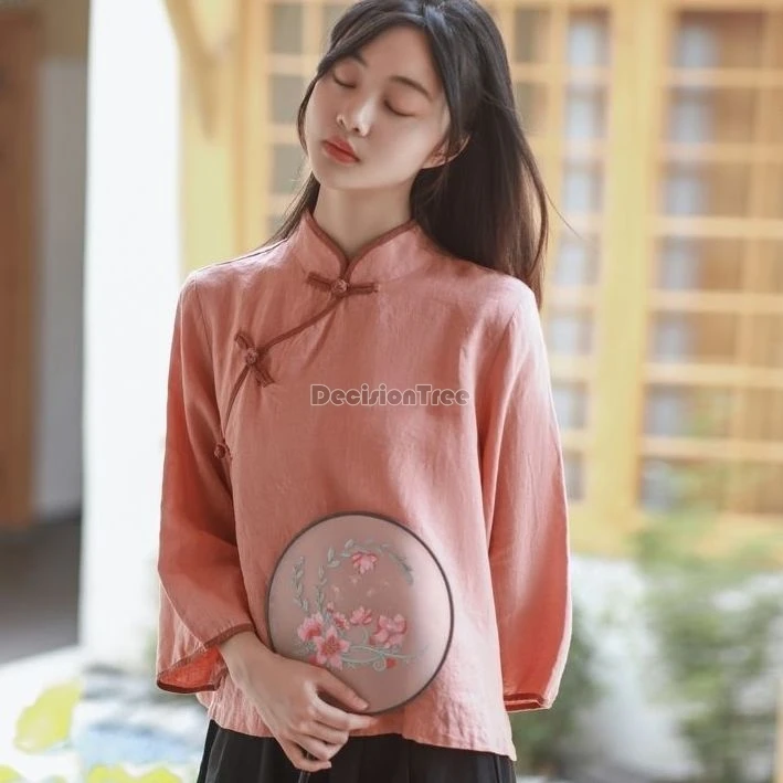 chinese tang style gentle temperament zen tea blouse retro improved casual daily qipao top new thin cool cotton linen top