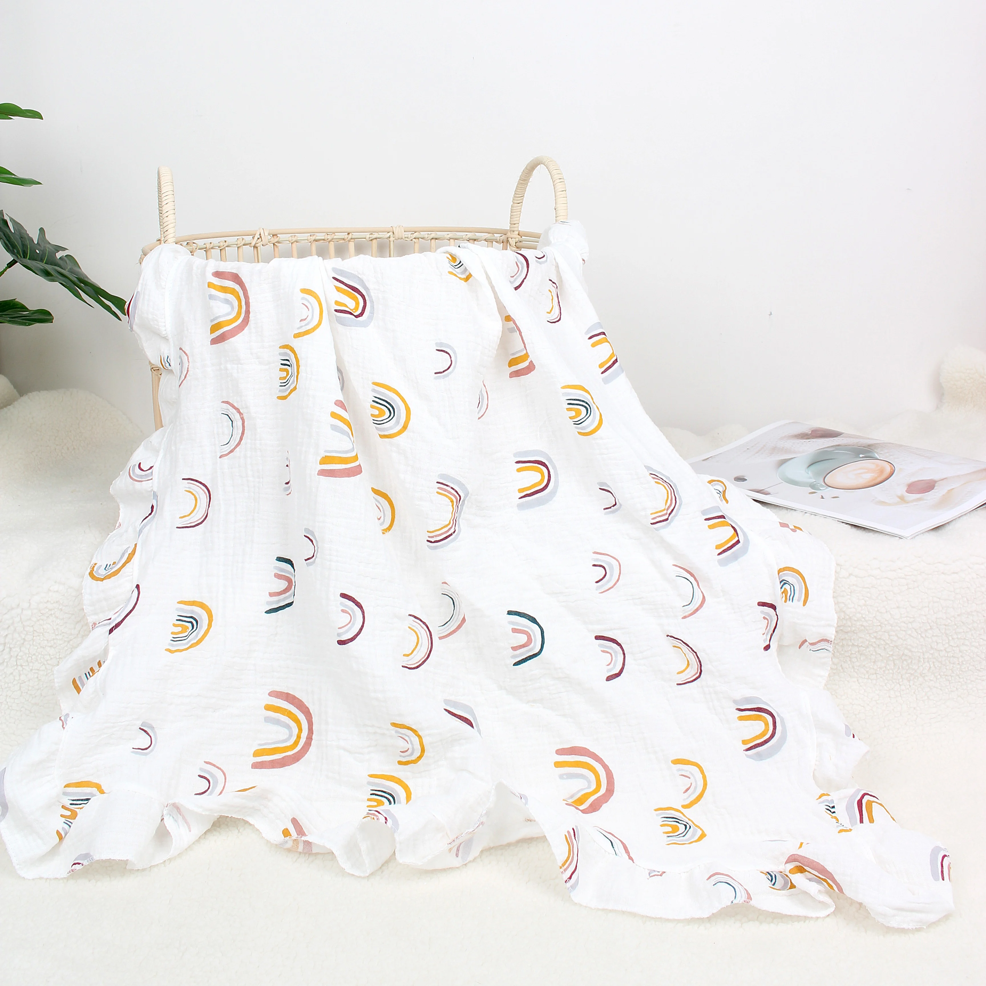Baby  Organic Cotton Wrap Gauze Ruffle Baby Blanket Newborn Security Muslin Swaddle Blanket 4