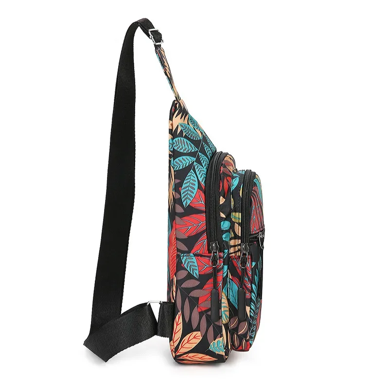 Colorful Leaf Printed Sling Crossbody Bag, Multilayer Women Chest Bag, Stylish Nylon Shoulder Bag with Adjustable Shoulder Strap
