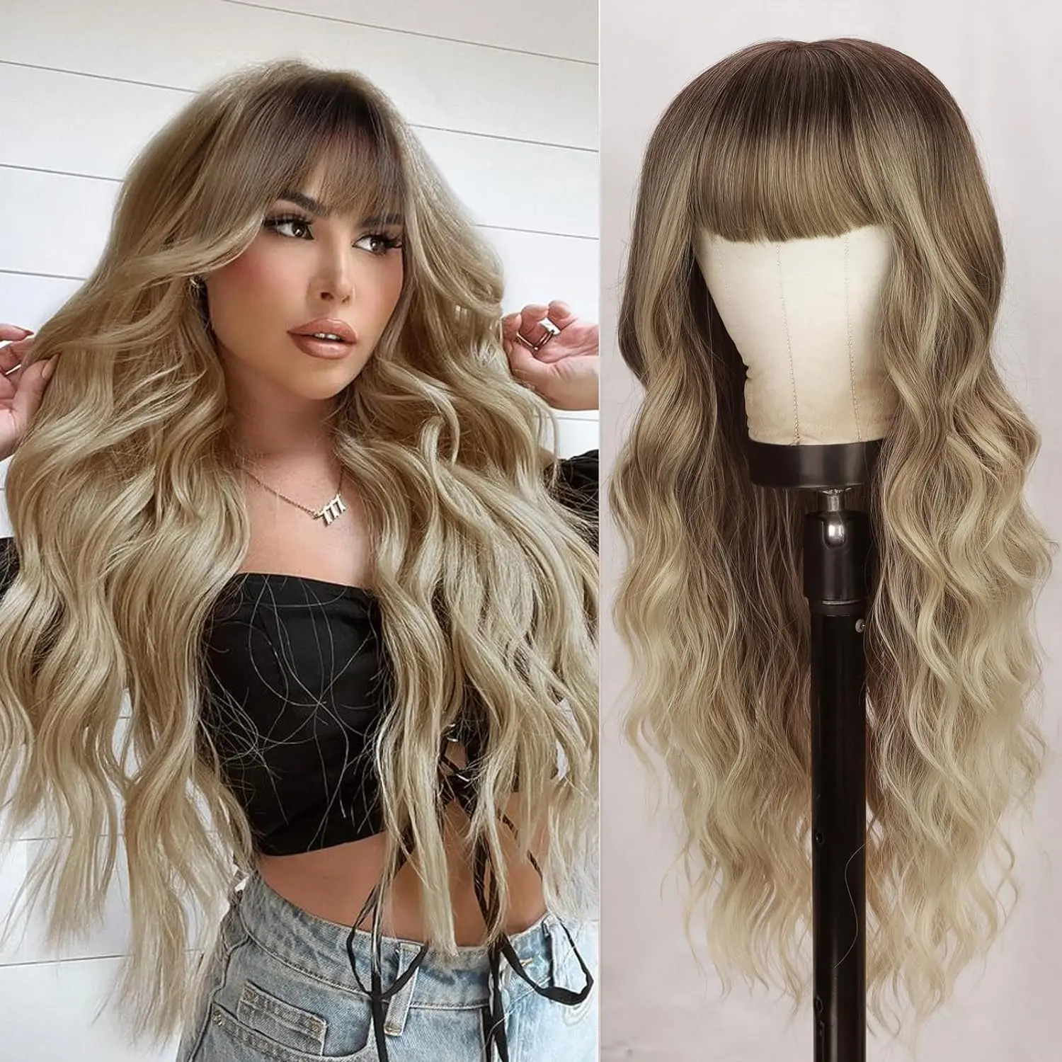 

26inch Ombre Blonde Wig with Bangs Long Wavy Wigs with Dark Roots Synthetic Heat Resistant Fibre Wigs for Women Curly Wig