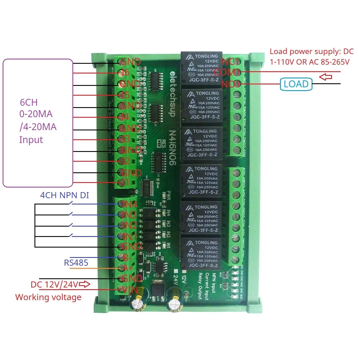 LED 태양 전지 모터용 IO 모듈, 다목적 모드버스 RS485 IO 모듈, 6CH 4-20MA AI 및 4CH NPN DI 및 6CH 10A 릴레이 DO