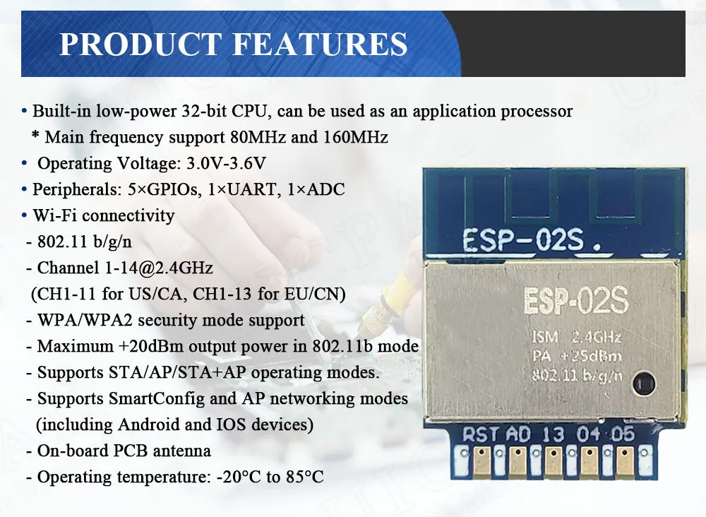 ESP-02S Serieller drahtloser 2,4-G-WLAN-Modul-Transceiver für Smart Home Industrial IoT 1 Mbit-kompatibel ESP8266 ESP 02S – Detail 6