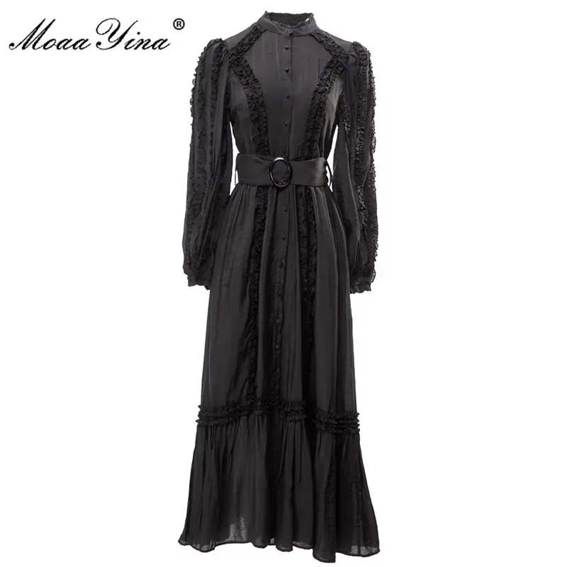 

MoaaYina Fashion Designer dress Summer Women's Dress Stand Collar Lantern Long Sleeve Lace-up Ruffled Solid Color Dresses