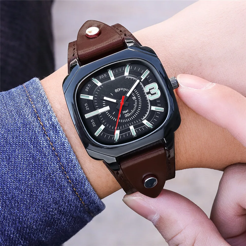 Men Vintage Cow Leather Square Quartz Watch Luxury Wristwatches Man Clock Relógio Masculino Montre Homme