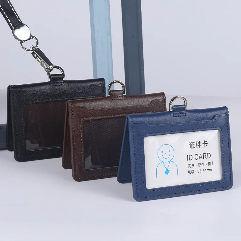 새로운 암소 가죽 더블 카드 슬리브 ID 카드 홀더 배지 케이스 클리어 은행 신용 카드 클립 배지 홀더 액세서리