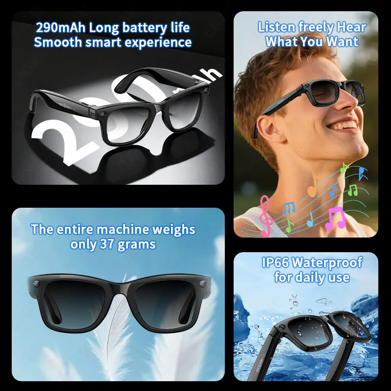 LIGE 500W HD AI Smart Glasses Photochromic Multifunction Camera Bluetooth Call Music Player Voice Assistant Translate Sunglasses