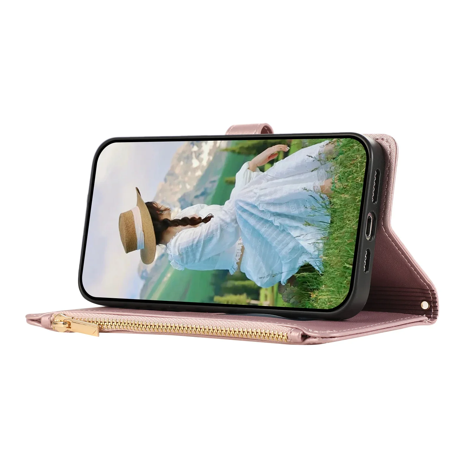 Elegant Crossbody Leather Wallet Case with Zipper and Lanyard - Diamond Design Cover