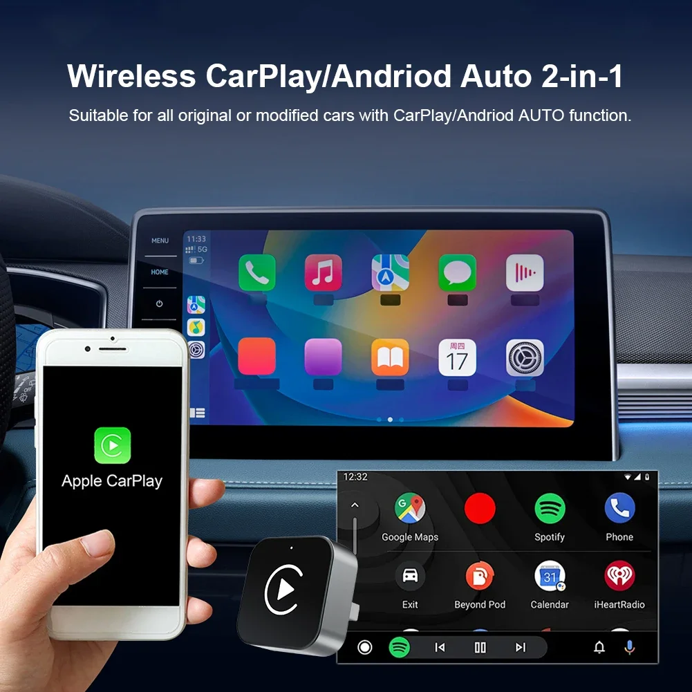 2-in-1 무선 CarPlay 안드로이드 오토 어댑터 유선에서 무선으로 변환 플러그 앤 플레이 컨트롤 (아이폰 차량용)