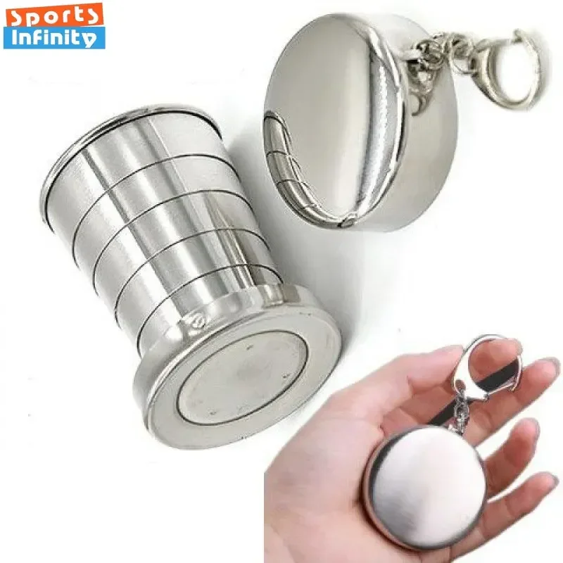 75ml Folding Cup Camping Stainless Steel Cookware Retractable Small Water Cups for Outdoors Portable Foldable with Lid Keychain