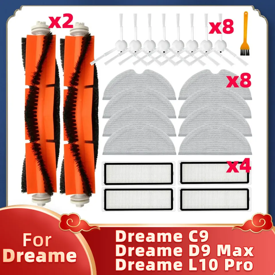 Confezione da 17 pezzi di ricambio compatibili con aspirapolvere Dreame D9 D9 Max L10 Pro, robot aspirapolvere Trouver Finder tra cui 2 spazzole principali, 6 spazzole laterali, 4 filtri, 4 salviette