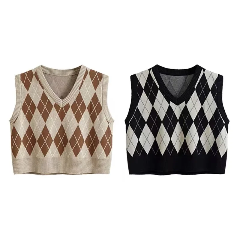 Vintage V-neck Plaid Sweater Vest Women Autumn Winter Vintage Knit Sweaters Pullover Loose Korean Knitwear Tops Pull Femme