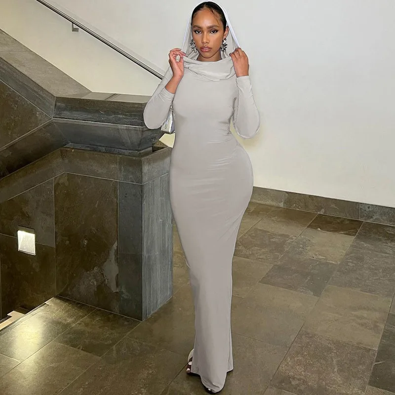 Description Picture 6 of itemHooded Long Dress For Women Y2k Clothes Sexy Streetwear Long Sleeve Bodycon Vestidos De Mujer Solid Robe Femme Été Back Split