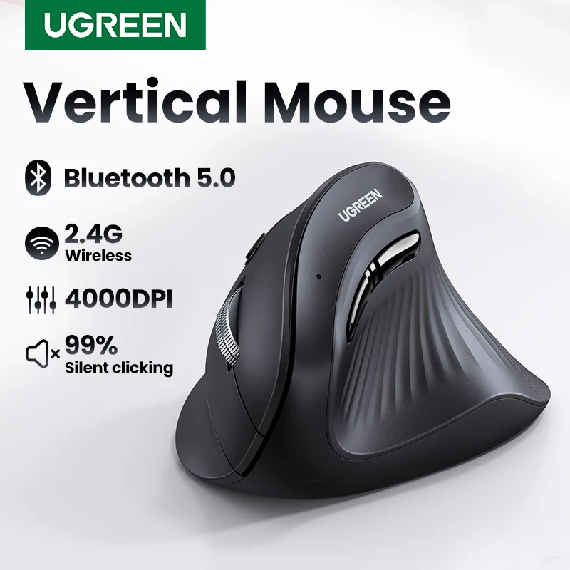 

UGREEN Vertical Mouse Wireless Bluetooth5.0 2.4G Ergonomic 4000DPI 6 Mute Buttons for MacBook Tablet Laptops Computer PC Mice