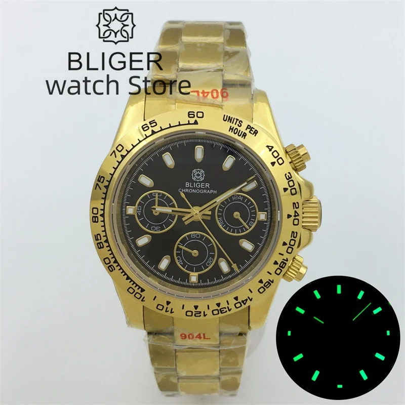 BLIGER Luxury Fashion Gold Quartz Chronograph Business 39mm Sapphire Crystal Men's Watch VK63 Movement Black Dial Luminous index