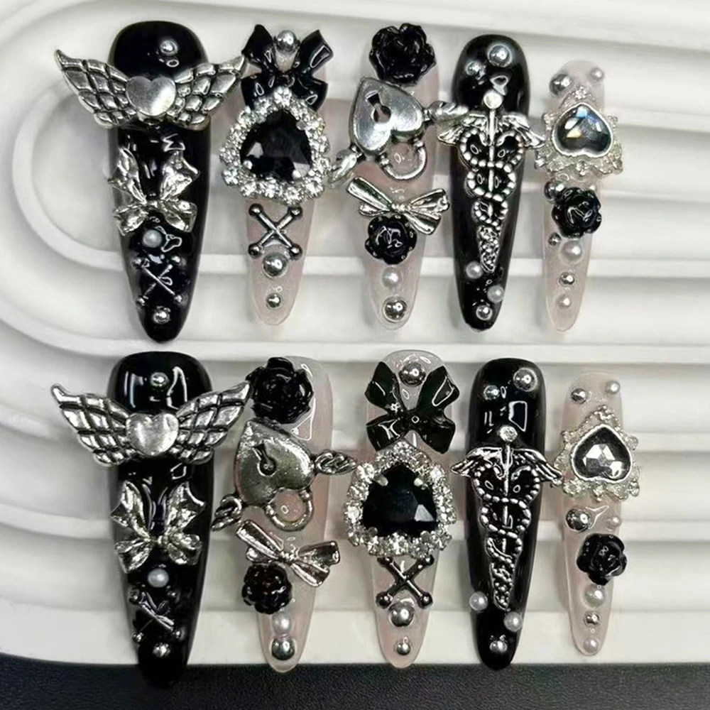 10PCS Jirai Y2K Black Pink Long Tip French Press On Nails Handmade Dark Nail Art 3D Bow Cross Planet Rose Kawaii Cute Fake Nails