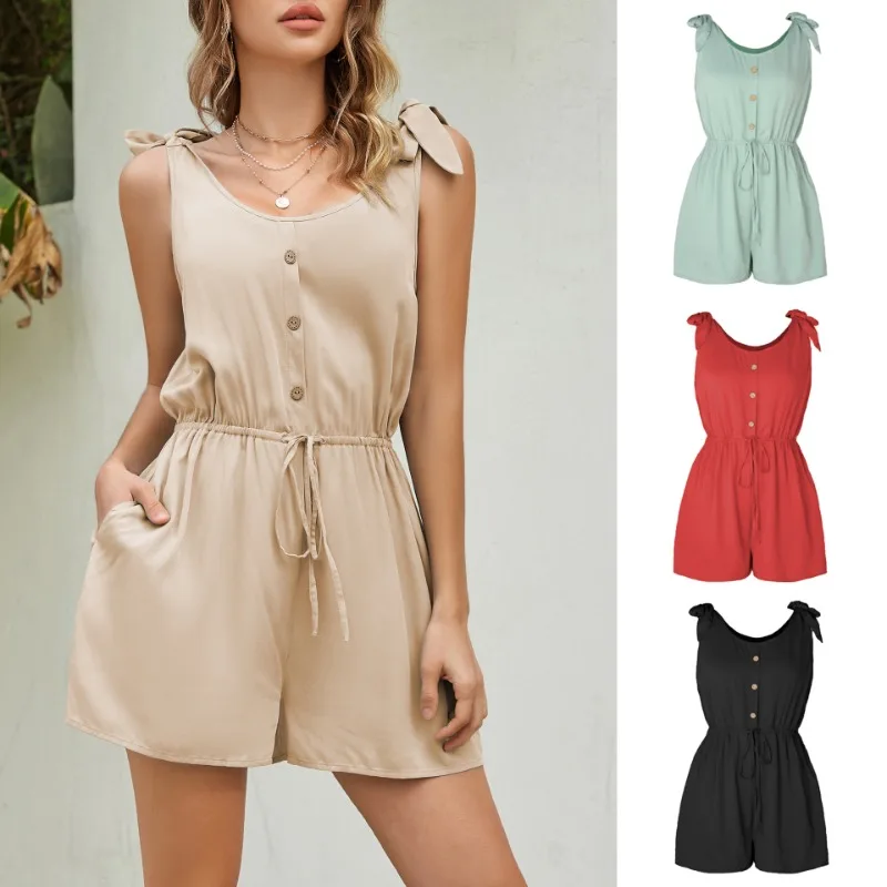 

Summer Women's Sets Solid Color Casual Women's Jumpsuit Single Breasted Sleeveless Lace Up Elastic Waist Suspender Rompers