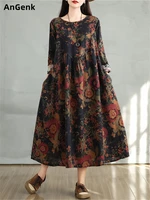 Cotton Vintage Print Floral Dresses 2025 Women Casual Loose Long Sleeve Dress Femme Robe Vestidos Elegant Spring Autumn Clothing