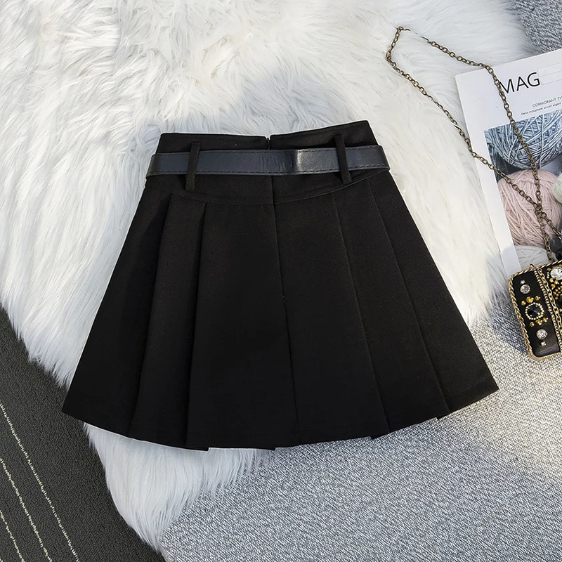 Vintage Woolen Mini Skirt Women with Belt Black Pleated Skirts Fall Winter Korean Preppy High Waist All Match A Line Skirt New 5