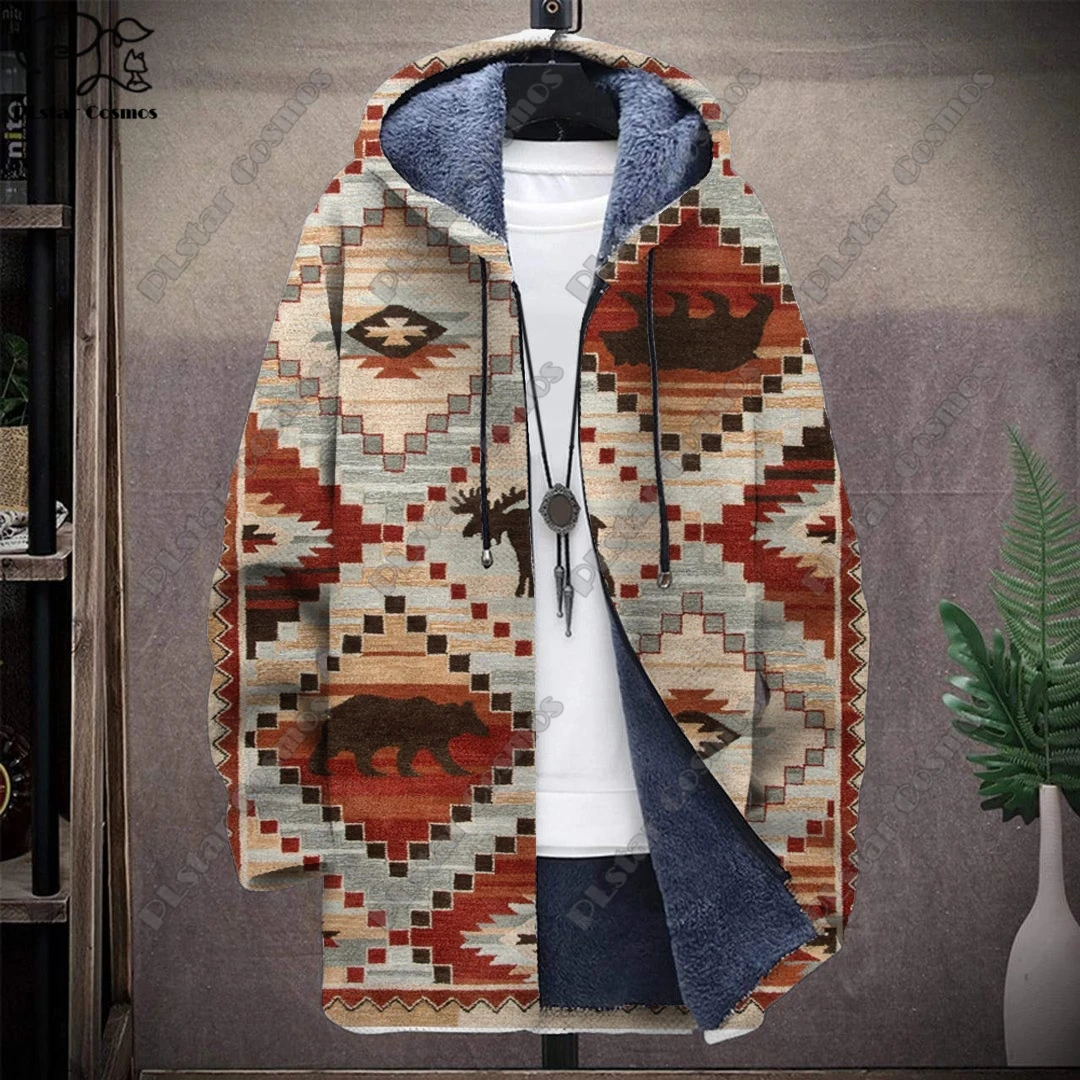 3D printed colorful tribal retro pattern hooded zipper warm and cold-proof jacket for your own winter casual series-F1