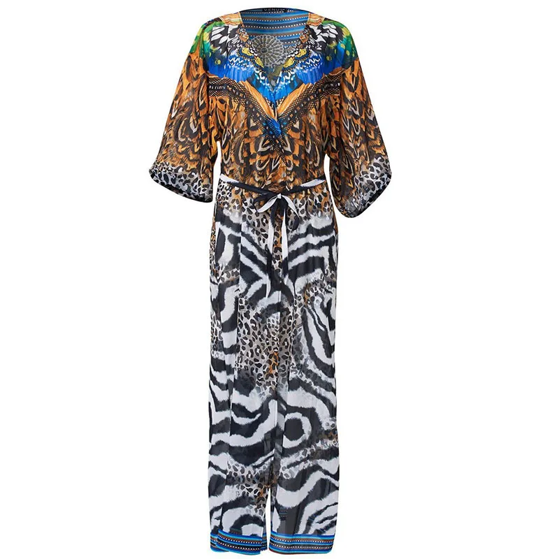 Sexy Bikini Cover-ups Retro Leopard Chiffon Long Kimono Dress Tunic Women Clothing Beach Wear Swim Suit Cover Up