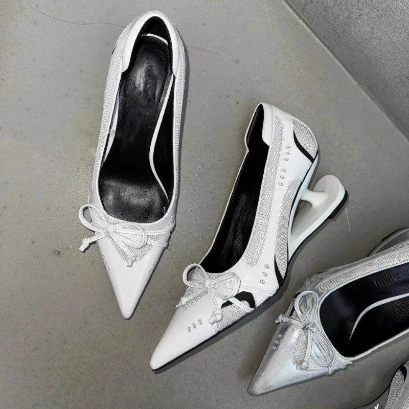 Special Heel Spliced Heels Pointed Toe Heels Women's Fashion Shallow Mouth Bow Non-Slip Mary Jane Single Shoes