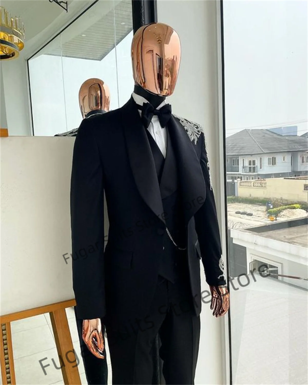 Luxuly Black Jacquard Wedding Suits For Men Slim Fit Formal Prom Party Groom Tuxedos2PCS Sets Business Male Blazer Costume Homme