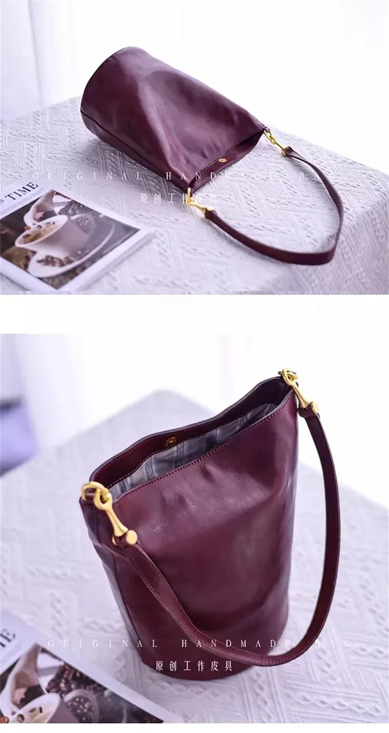 Einfache Vintage-Designer-Eimertasche aus echtem Leder für Damen, modische Party im Freien, natürliche erste Schicht Rindsleder, weibliche Umhängetasche – Detail 20