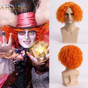 30cm Short Orange Curly Wave Wig With Middle Part Bangs Mens Wig Fiber Synthetic Wig Heat-resistant Cosplay Daily For Man